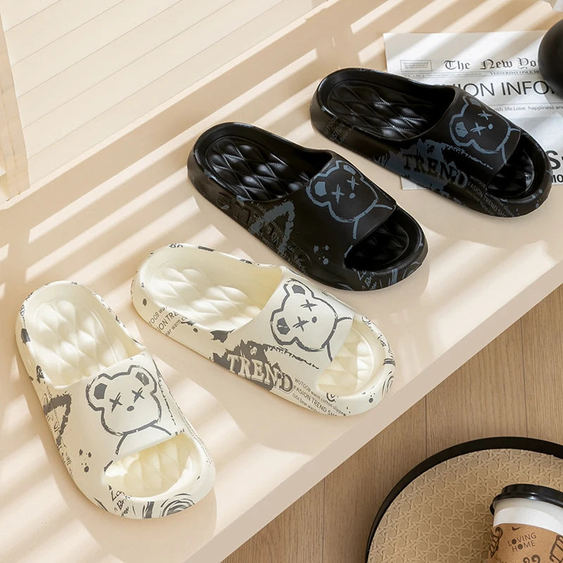 Fashion Summer Cartoon Bear Home Shoes Non-slip Soft Slides Lithe Comfort Sandals Men Women Couple Slippers Ladies' Flip Flops